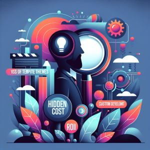 Business owner comparing custom web development costs versus template theme hidden expenses on financial charts