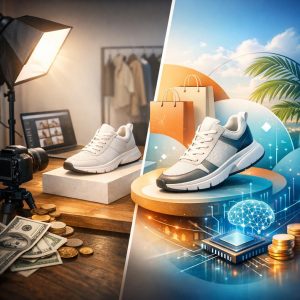AI generated product photography compared with traditional e-commerce product images showing cost and quality differences