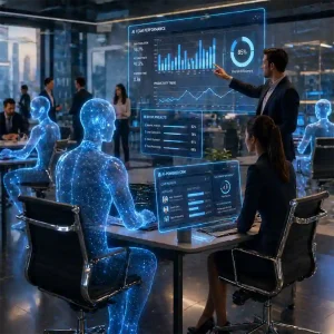 A sophisticated, high-tech office environment with an "AI employees" with a complex floating data visualizations and CRM interfaces.