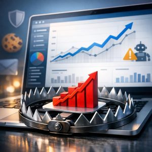 Business professional analyzing web analytics data discrepancies on multiple dashboard screens showing tracking gaps