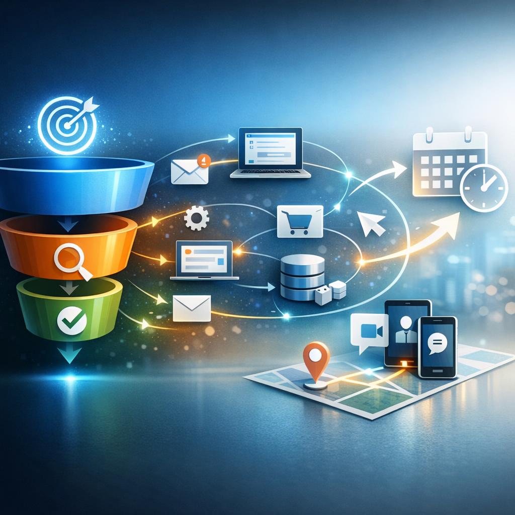 Automated lead nurturing workflow diagram showing multi-channel touchpoints and conversion funnel optimization for business growth