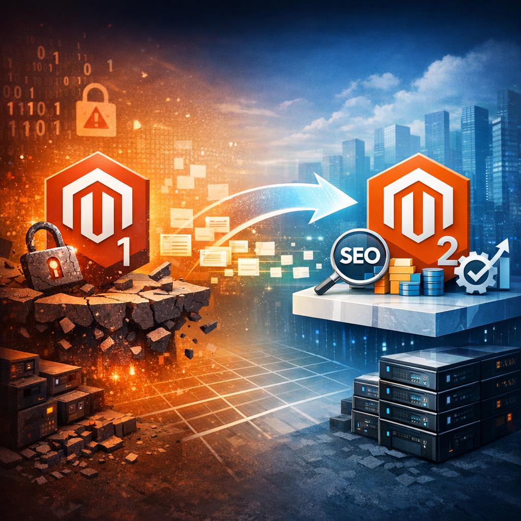 Magento migration process diagram showing M1 to M2 upgrade with SEO preservation strategies