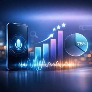 Business professional using voice search on smartphone with digital interface displaying search results and optimization metrics
