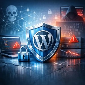 Secure WordPress website with shield protection and lock icons representing comprehensive security hardening measures
