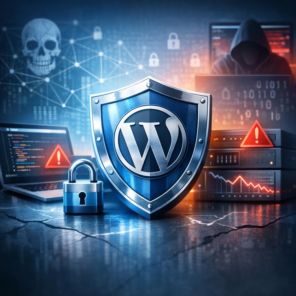 Secure WordPress website with shield protection and lock icons representing comprehensive security hardening measures