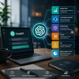 Business professionals implementing ChatGPT AI automation across multiple departments for operational efficiency