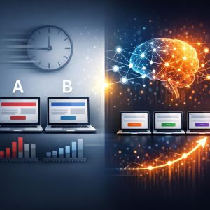 AI-powered A/B testing dashboard showing multiple variant performance with machine learning algorithms optimizing conversion rates in real-time