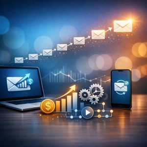 Business professional reviewing automated email marketing campaign performance metrics and conversion analytics dashboard