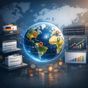Global digital map showing international SEO connections across multiple countries and languages worldwide