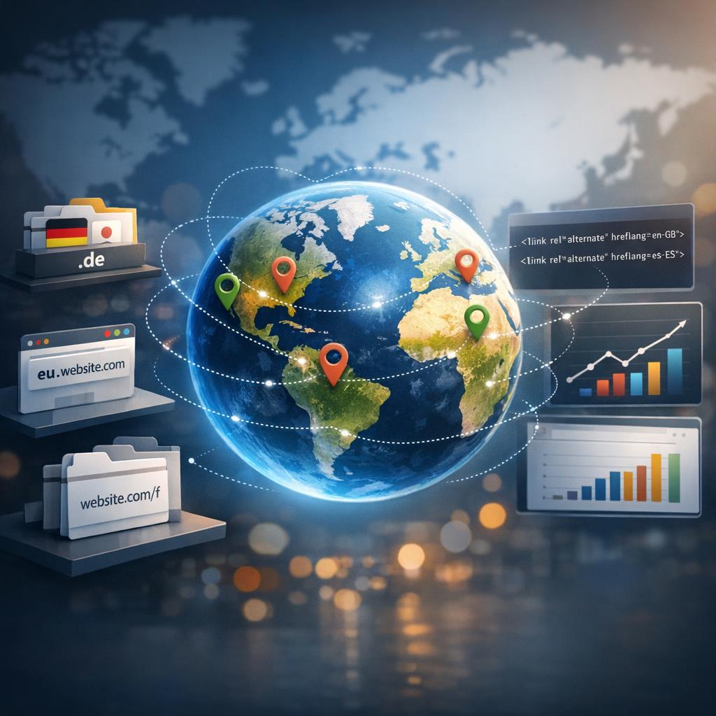 Global digital map showing international SEO connections across multiple countries and languages worldwide