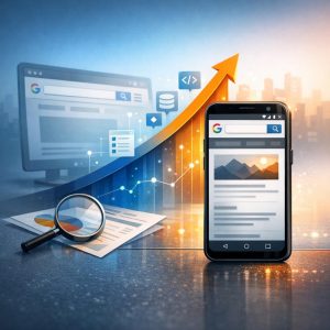 Business professional analyzing mobile-first indexing data and responsive web design performance metrics on multiple devices