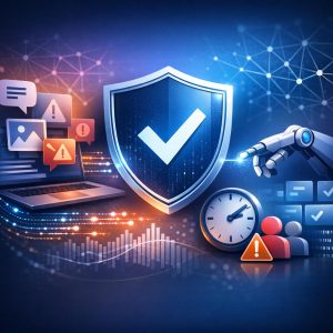AI content moderation system analyzing user-generated content with automated filtering and human oversight workflow