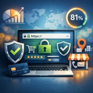 Business professional analyzing trust signals and conversion optimization metrics on digital dashboard display