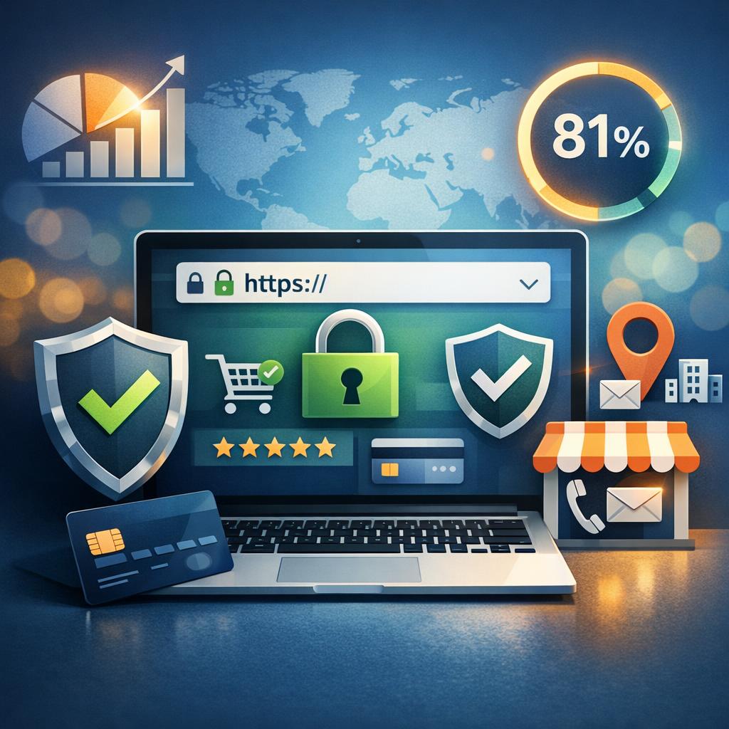 Business professional analyzing trust signals and conversion optimization metrics on digital dashboard display