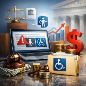 Business executive reviewing web accessibility compliance dashboard showing WCAG standards and testing results