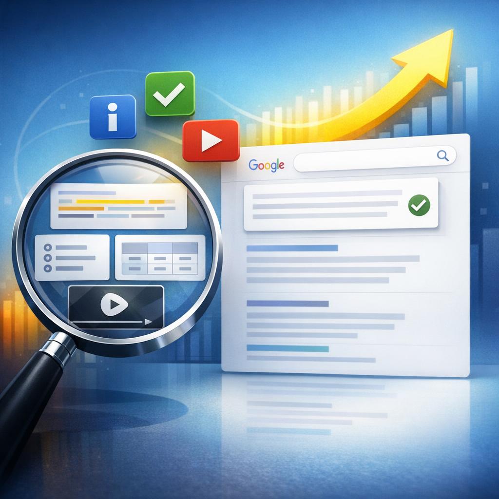 Business professional analyzing Google featured snippets and zero-click search optimization strategy on digital dashboard