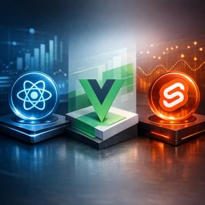 Modern JavaScript framework comparison showing React Vue and Svelte logos with performance metrics and code examples