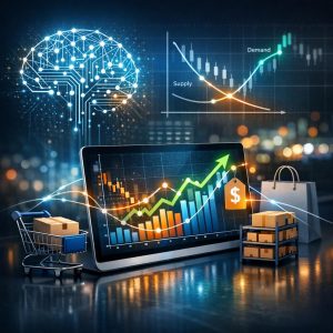 AI-powered dynamic pricing dashboard showing real-time price optimization and revenue analytics
