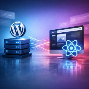 Modern headless CMS architecture diagram showing WordPress backend connected to React frontend via API
