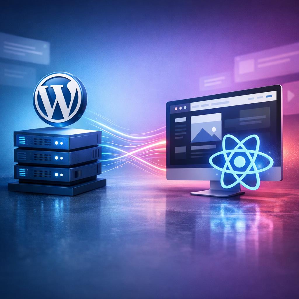 Modern headless CMS architecture diagram showing WordPress backend connected to React frontend via API